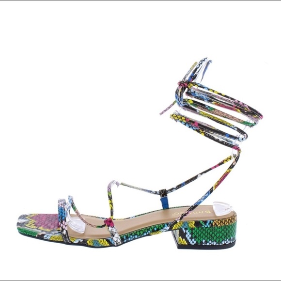 Multi snake strappy ankle wrap tie low high heel bright slide sandals - Picture 4 of 5